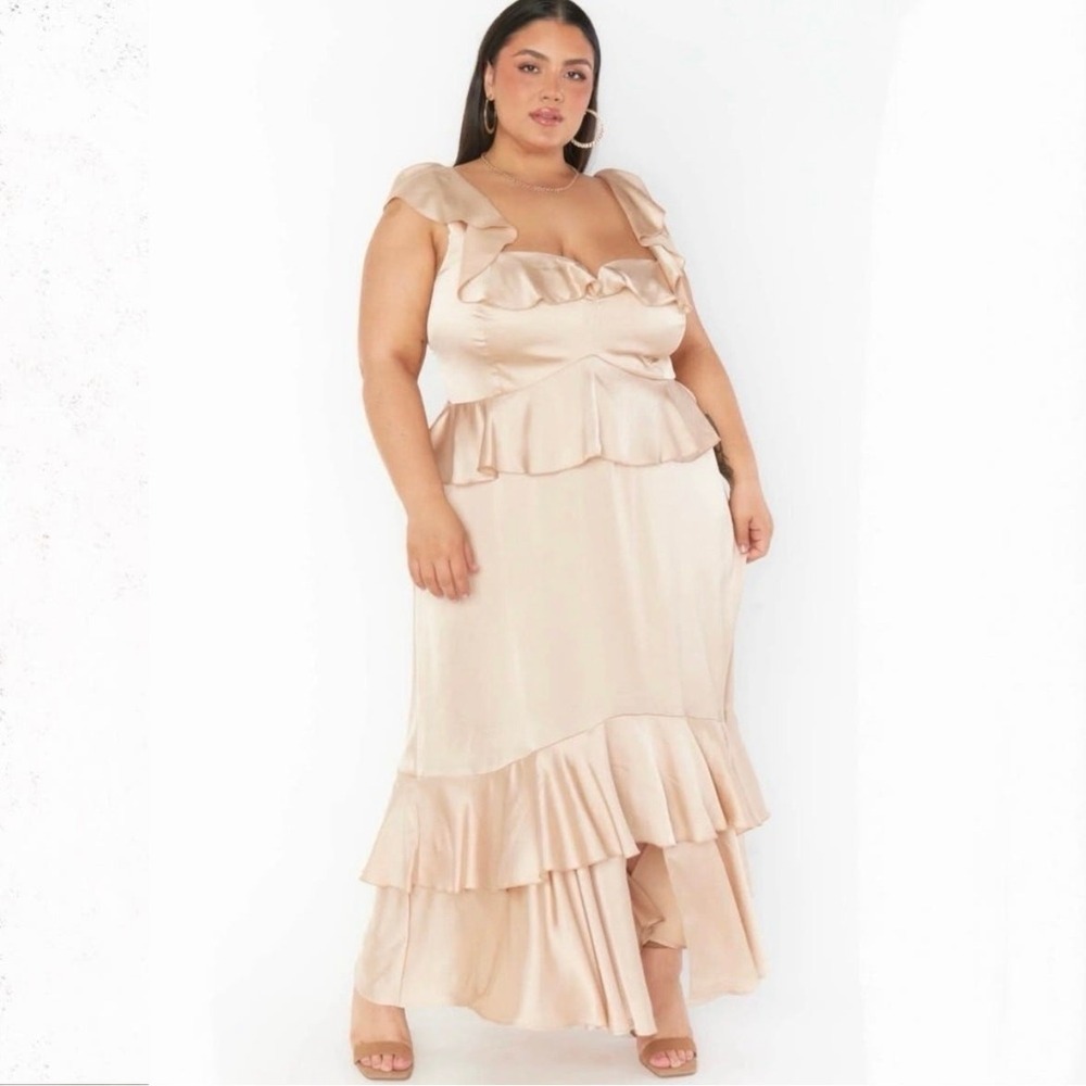 show me your mumu reese ruffle dress champagne luxe satin, women plus xx-large